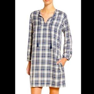 Madewell Long Sleeves Plaid Flannel Navy White Slit Neck Tassel Women Dress XS